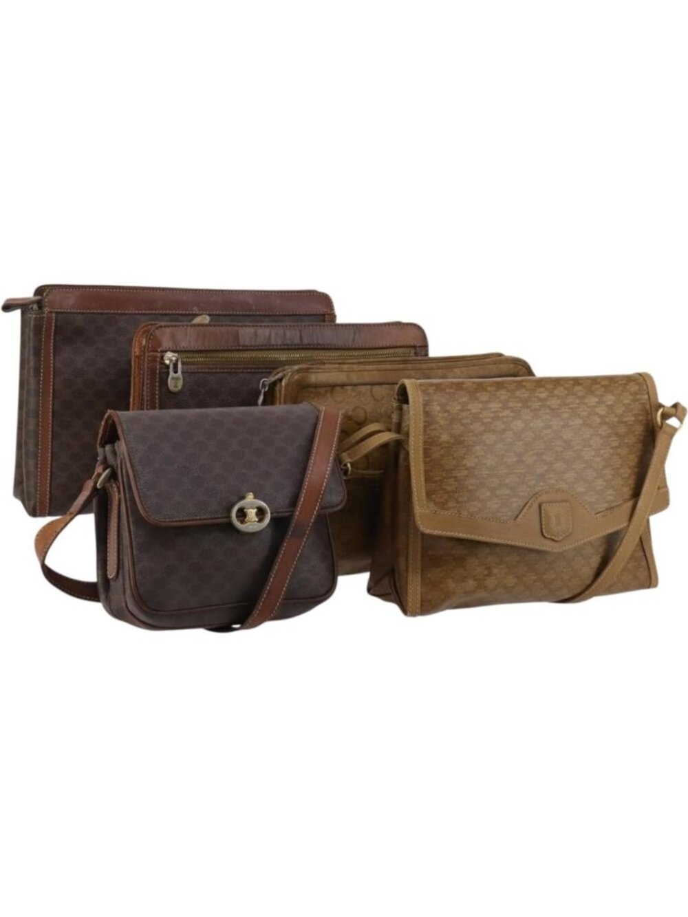 CELINE Macadam Canvas Shoulder Bag PVC Leather 5 Set Brown Beige